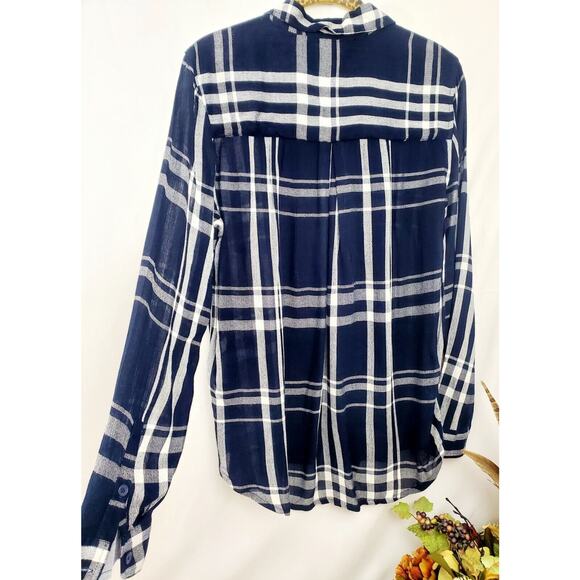 Lucky Brand Top Size M Plaid Boho Blue Viscose Button Up Womens Medium Shirt - Picture 3 of 12